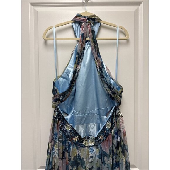 Mac Duggal Size 18 Blue Floral 68089 Halter Maxi Gown Cut Out Embellished Dress - Picture 10 of 13